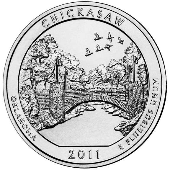 2011 America The Beautiful Five Ounce Silver Uncirculated Coin Chickasaw National Recreation Area Oklahoma..