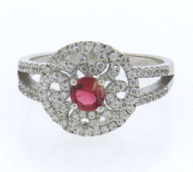 Sterling Silver Halo Ring with Pink Gemstone Surrounded by Cubic Zirconias