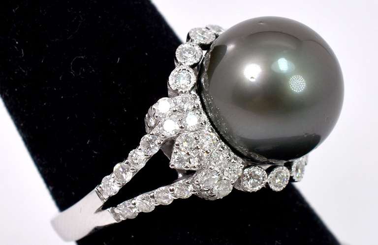 Bold Tahitian Pearl Set in 18K White Gold Diamond Ring