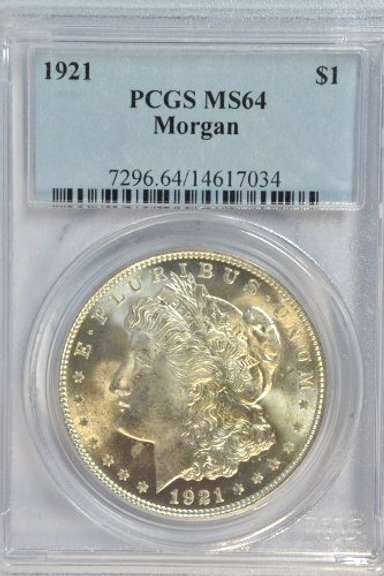 Nearly Gem BU 1921 Morgan Silver Dollar. PCGS MS64