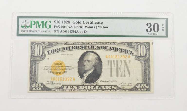 Very Fine 30 EPQ 1928 $10 US Gold Certificate FR#2400 (AA Block) - PMG