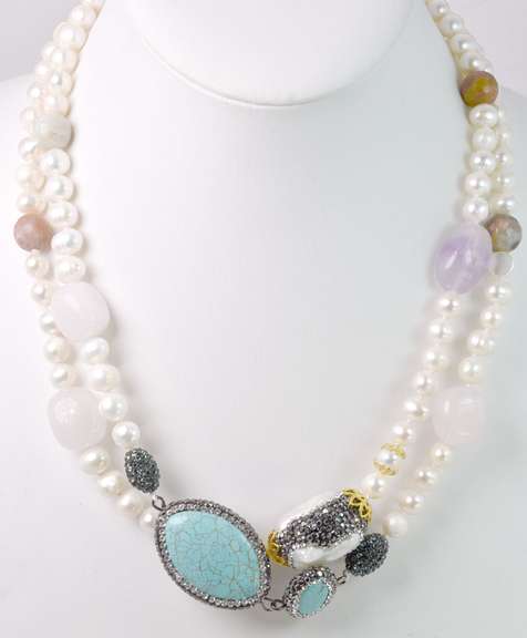 Miraculous Pearl Necklace with Turquoise, Crystalized Mother of Pearls & other Gemstones
