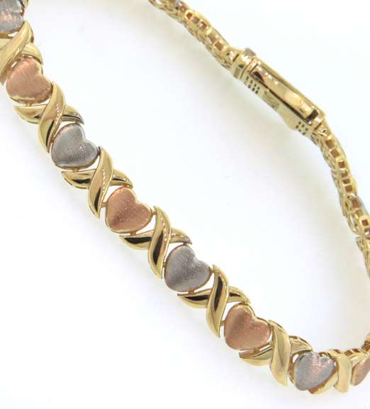 Superb 14kt Tri-Color Gold Heart & X Bracelet