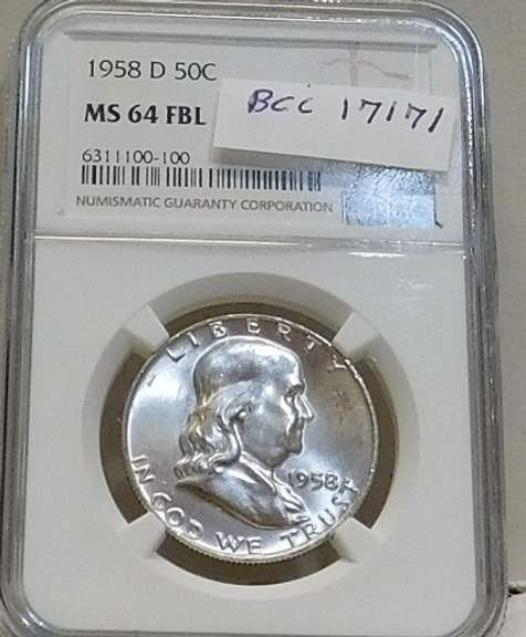1958-D Sil Franklin Hf NGC MS-64-FBL near GEM.   NOTE:  The horozontal lines on the Liberty Bell, on the reverse,  are the high-points of the coin.  Consequently, only a very small percentage of examples show continuous and uninterrupted grooves (Full Bell Lines; FBL) on every line.  Hence, the designation acknowledges the rarity and expanded value.