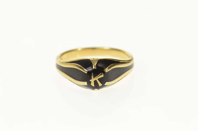 14K Yellow Gold Black Enamel K Letter Initial Retro Name Ring