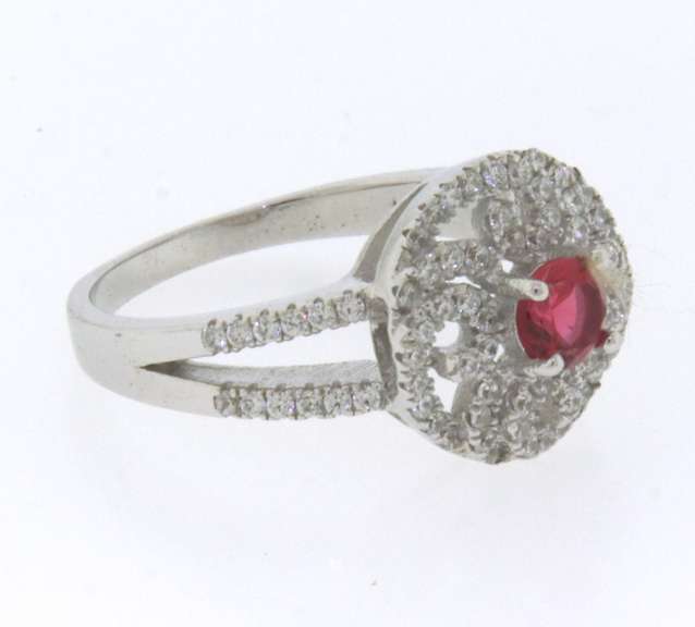 Sterling Silver Halo Ring with Pink Gemstone Surrounded by Cubic Zirconias