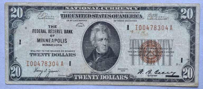 $ 20 Series of 1929 National Currency Minneapolis Note