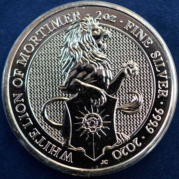 2020 White Lion Of Mortimer 5 Pound Queens Beast 2oz .999 Silver Coin.