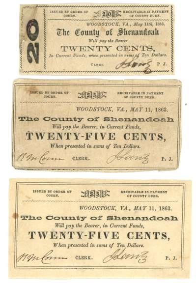 20 Cents & 2 25 Cents 1863 County of Shenandoah Obsolete notes