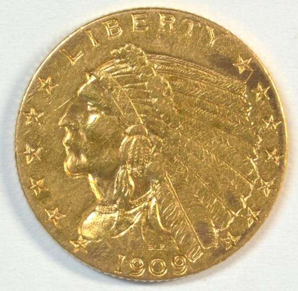 Lovely 1909 US $2.50 Indian Gold Piece. Lustrous.