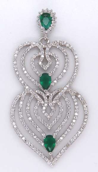 Twin Heart Sterling Silver Pendant with Cubic Zirconias and Three Green Gemstones