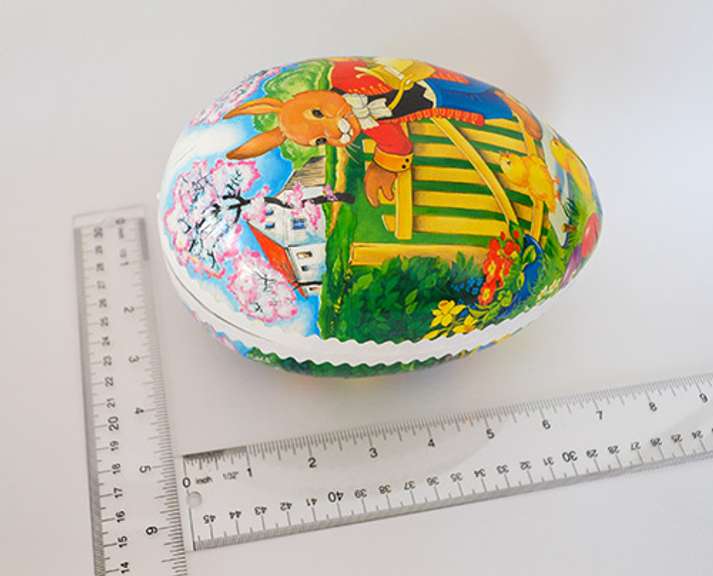 Vintage Large Nestler Paper Mache Easter Egg Candy Container Box, Depicting a Bunny Delivering Mail and Chicks