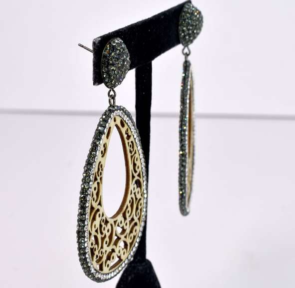 Fabulous Carved Wood Ladies Earrings with Accent Crystals