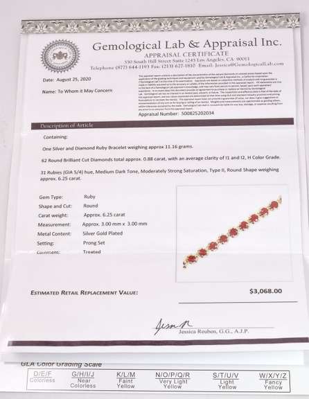 Ravishing 6.25CTW Rubies Set in Yellow Gold Plated Sterling Silver Bracelet with 0.88CTW Sparkling Diamonds Accents