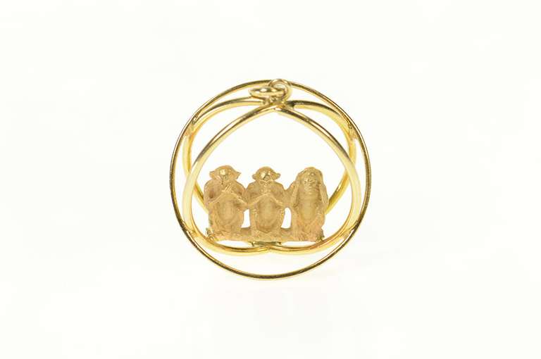 14K Yellow Gold See Speak Hear No Evil Monkey Medallion Charm/Pendant