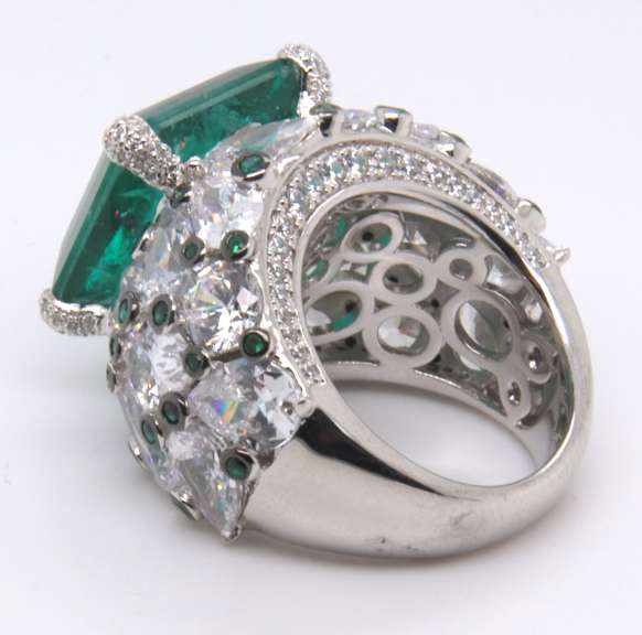 Green Emerald and CZ Sterling Silver Ring