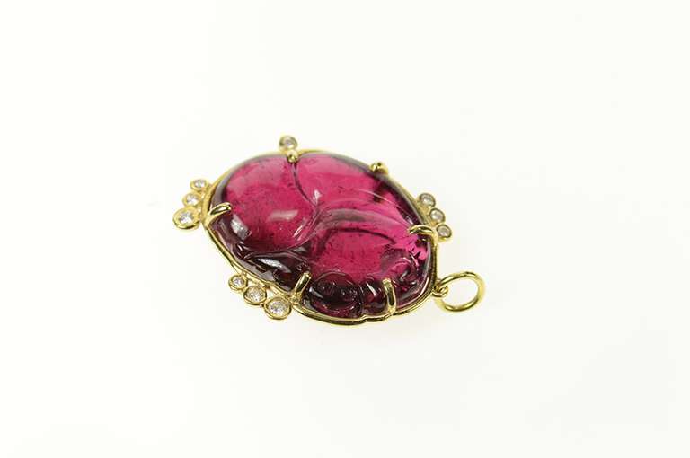 18K Yellow Gold Ornate Carved Pink Tourmaline Statement Pendant