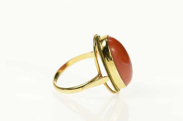 18K Yellow Gold Victorian Red Coral Cabochon Statement Ring