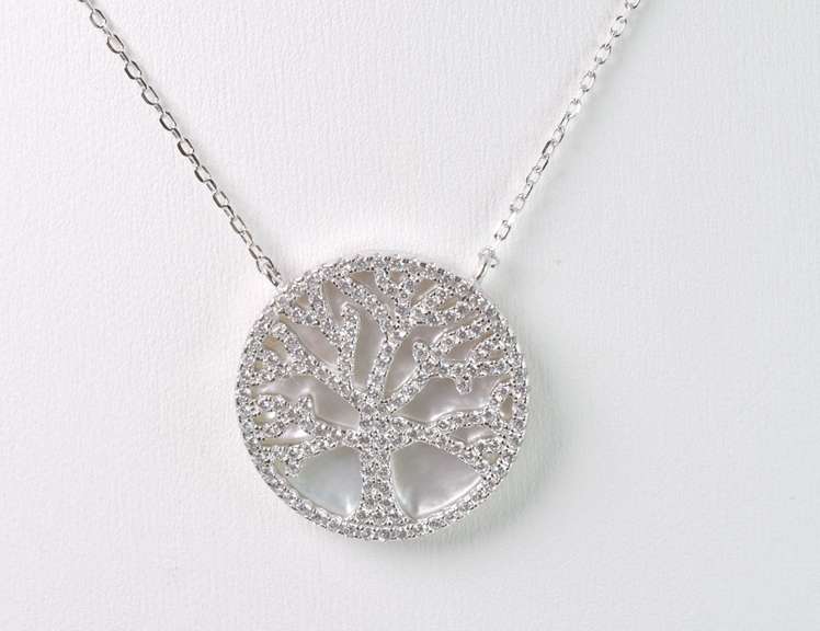 Wonderful Sterling Silver "Tree of Life" Pendant Necklace Set with Sparkling CZ Diamonds on Top of Mother of Pearl