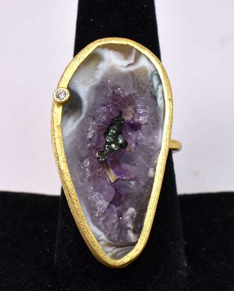 Large Multi-Color Geode Formation & CZ Set within A Yellow Gold Plated Sterling Silver Ring
