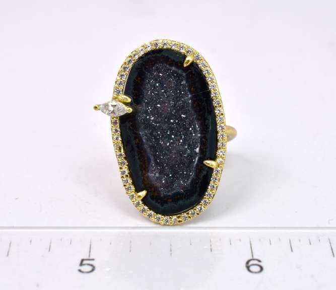 Fantastic Black Geode Formation & CZ Set in Yellow Gold Plated Sterling Silver Ring