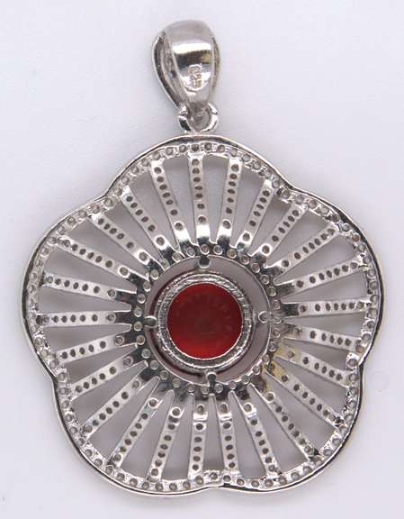 Voluminous Floral Sterling Silver Pendant with Red Core and Cubic Zirconias