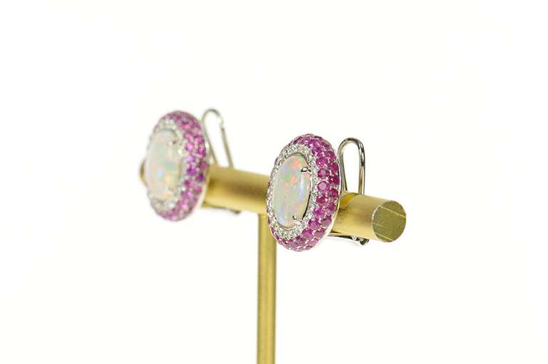 18K White Gold Oval Opal Diamond Ruby Halo Clip Back Earrings