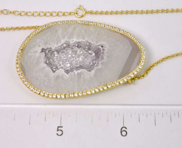 Amazing Open Agate Necklace with CZ Diamond Halo Accents in Gold Plated Sterling Silver