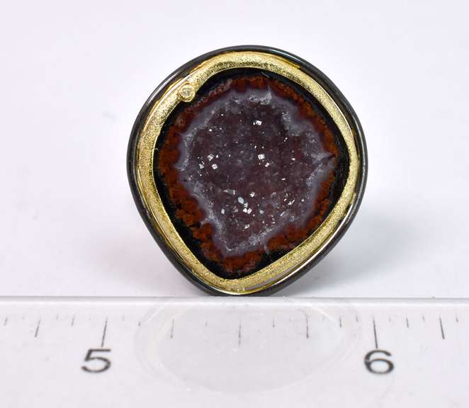 Brilliant Multi-Color Geode Formation in Sterling Silver Ring with Diamond Accent