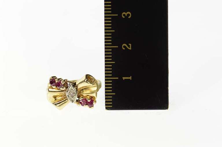 14K Yellow Gold 1930's Ruby Diamond Bow Ornate Statement Ring