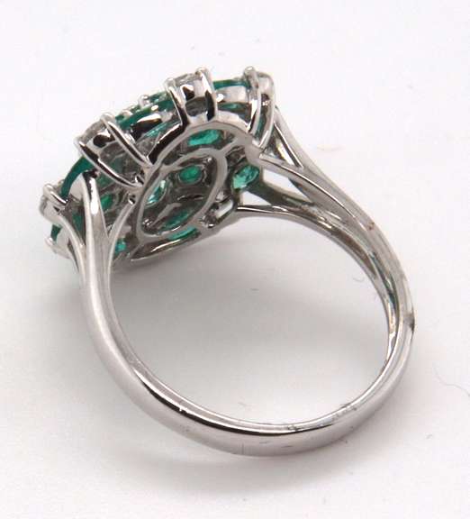 Intricate 18k Stamped White Gold Emerald and Diamond Ring