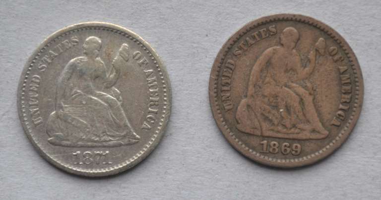 1869 S 1871 S Seated Half Dimes