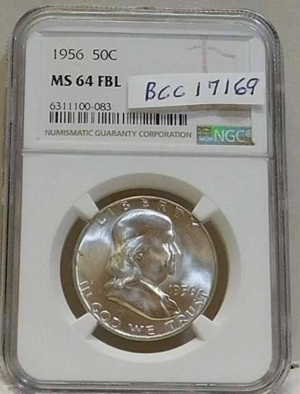 1956 Sil Franklin Hf NGC MS-64-FBL near GEM.   NOTE:  The horozontal lines on the Liberty Bell, on the reverse,  are the high-points of the coin.  Consequently, only a very small percentage of examples show continuous and uninterrupted grooves (Full Bell Lines; FBL) on every line.  Hence, the designation acknowledges the rarity and expanded value.