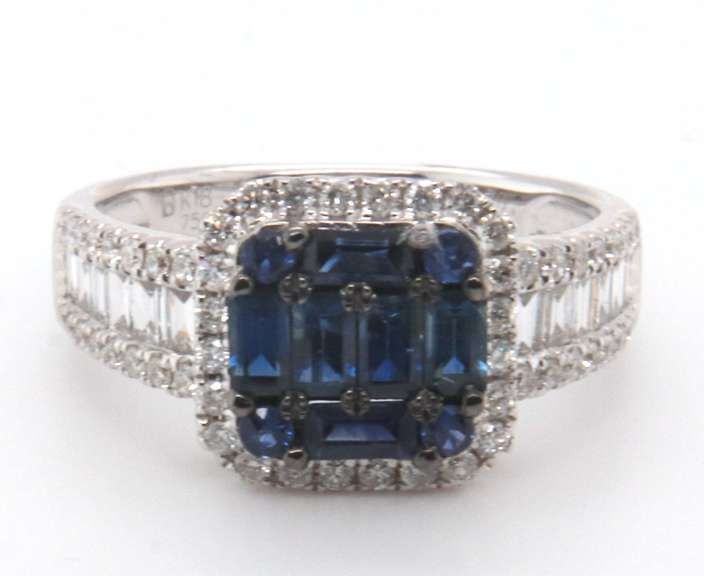 Impressive 18k Stamped White Gold Sapphire Ring with Channel Set Baguette Diamonds