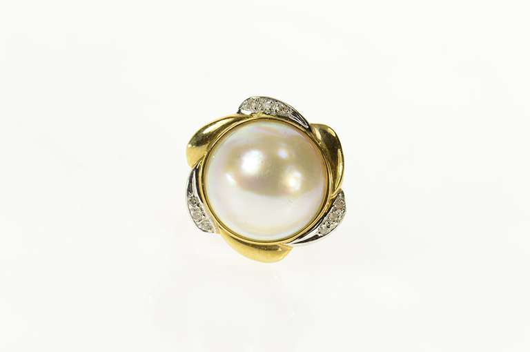 14K Yellow Gold Ornate Pearl Diamond Swirl Halo Cocktail Ring