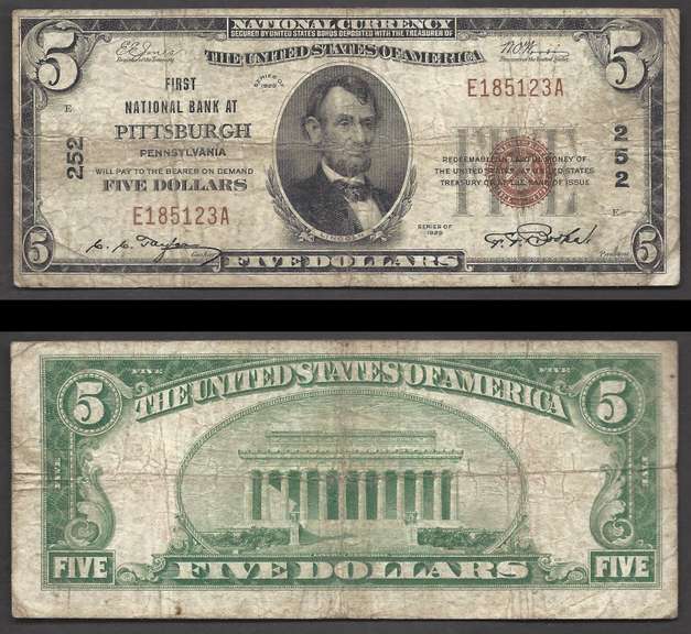 $5 1929-I Pittsburgh PA Charter 252. Fine