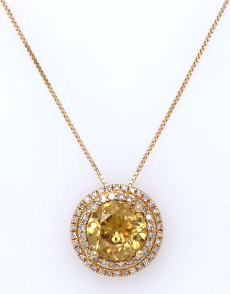 Fantastic Golden Zircon w Double Diamond Halo Pendant on Chain