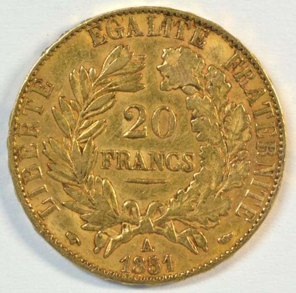Real nice 1851-A French Republic 20 Francs Gold Piece