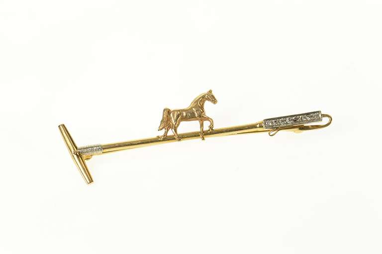 10K Yellow Gold Diamond Horse Polo Mallet Polocrosse Pin/Brooch