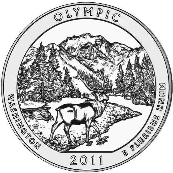 2011 America The Beautiful Five Ounce Silver Uncirculated Coin Olympic National Park Washington..