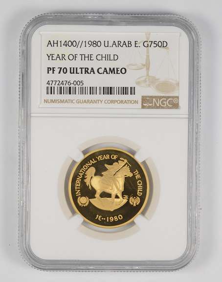 PF70UCAM 1980 (AH1400) United Arab Emirates 750 Dirhams Gold Coin NGC