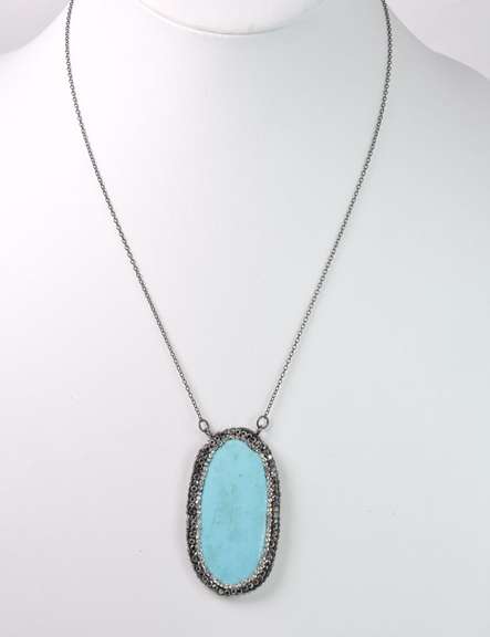 Terrific Tablet Cut Turquoise Gemstone Pendant Necklace with Crystal Accents