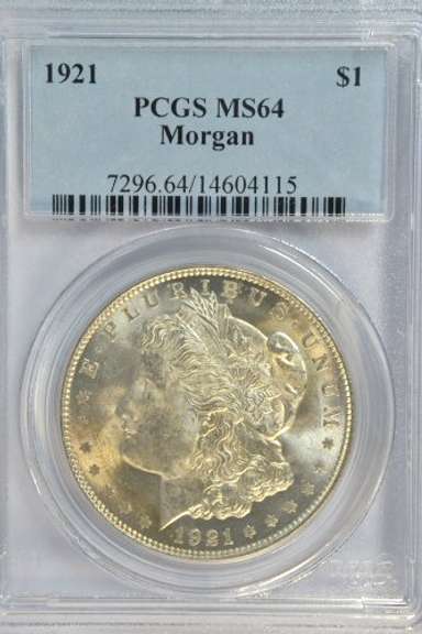 Nearly Gem BU 1921 Morgan Silver Dollar. PCGS MS64