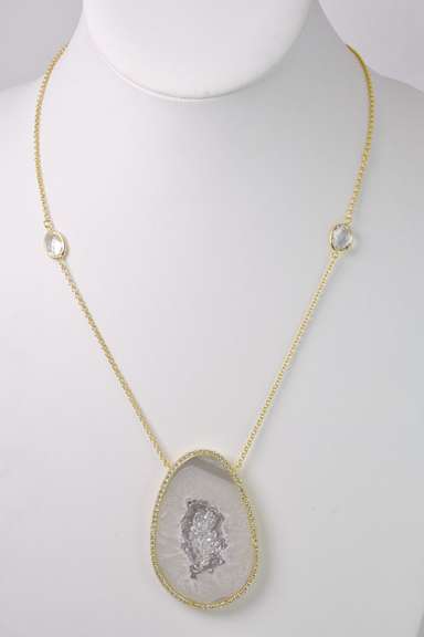 Amazing Open Agate Necklace with CZ Diamond Halo Accents in Gold Plated Sterling Silver