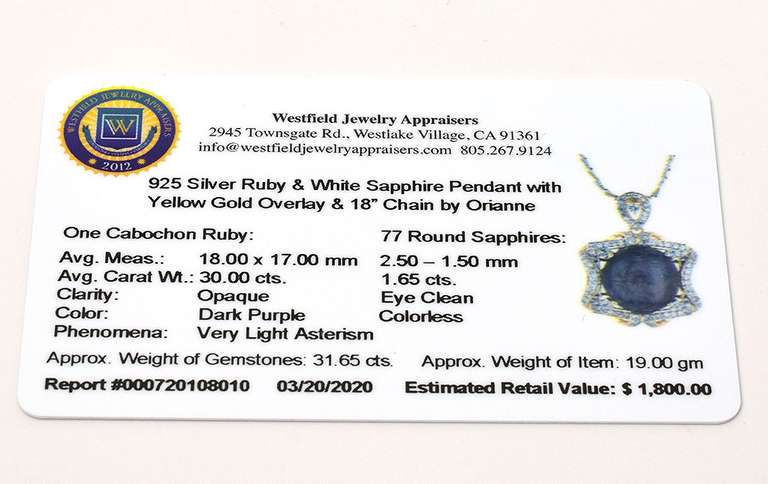 Awesome Huge 30.00CTS Cabochon-Cut Natural Star Ruby & White Sapphire Necklace in Vermeil