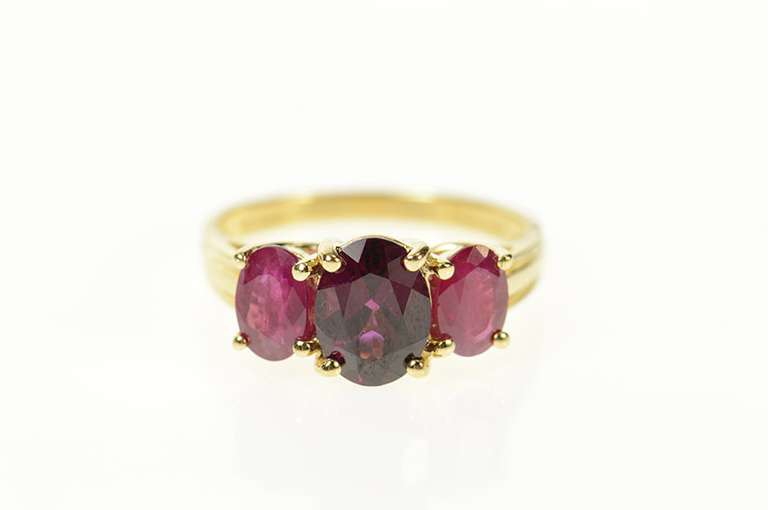14K Yellow Gold Oval Garnet Natural Ruby Accent Three Stone Ring