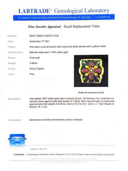 14K YELLOW GOLD DIAMOND, CARVED RUBY & ENAMELED BROOCH