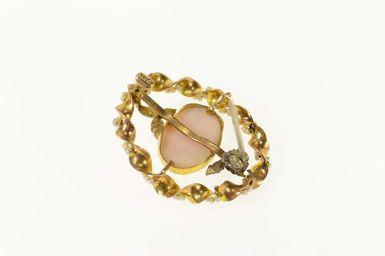 10K Yellow Gold Ornate Carved Lady Cameo Seed Pearl Twist Pin/Brooch