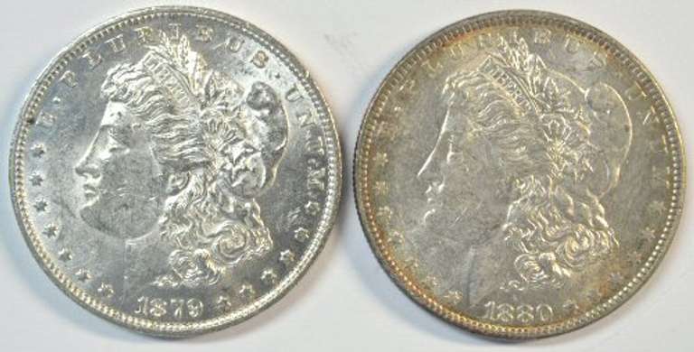 Flashy AU 1879-O & 1880-O Morgan Silver Dollars. Better