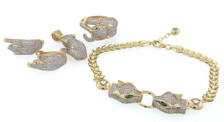 Vivid 14kt Yellow Gold CZ Panther Ring, Earrings, Pendant & Bracelet Set